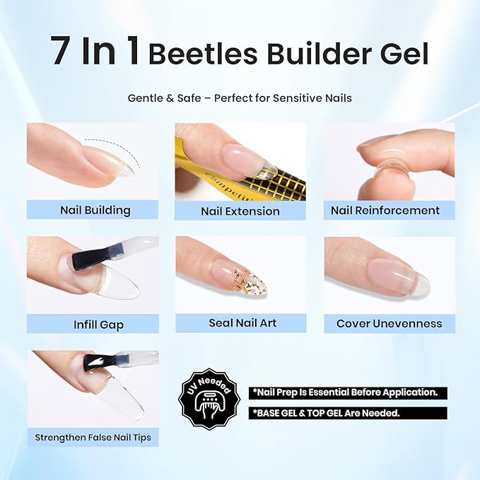 Beetles Builder Gel 2Pcs Clear 7 in 1 15ml Builder Gel Set for Nail Extension Building Nail Apex Strengthen Thin Nails DIY Salon at Home Nail Art Design for Women-VivaGrace Women