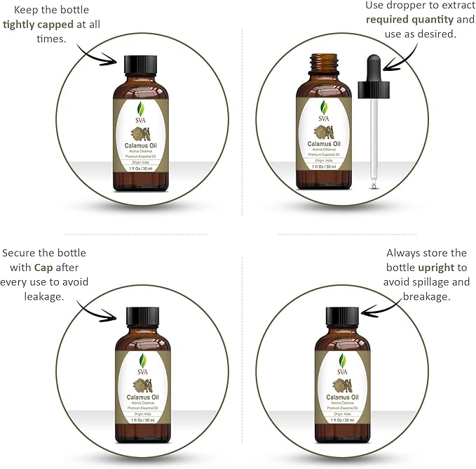 SVA Calamus Essential Oil – 1 Fl Oz – 100% Natural Calamus Oil - for Diffuser, Hair Care, Face, Skin Care, Aromatherapy, Scalp and Body Massage, Soap and Candle Making – with Dropper-VivaGrace Women