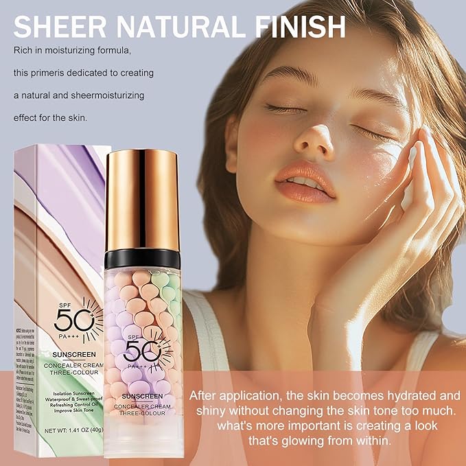 3 In 1Primer for Face Before Makeup,Sunscreen Isolation Cream, SPF 50, One Step Color Corrector Face Primer, Blurs Imperfections Oil Control & Moisturizing Skin Tone Correcting,Radiance Skin-VivaGrace Women