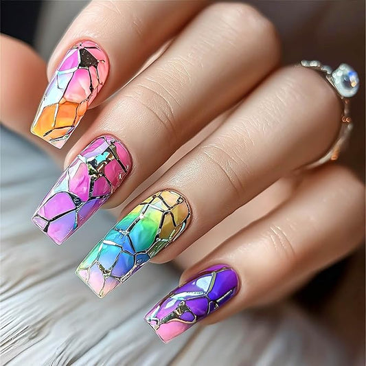 Coffin Press on Nails Medium Length Fake Nails Sparkly Stained Glass Windows False Nails with Designs Acrylic Artificial Nails Full Cover Glue on Nails Cute Stick on Nails for Women 24Pcs