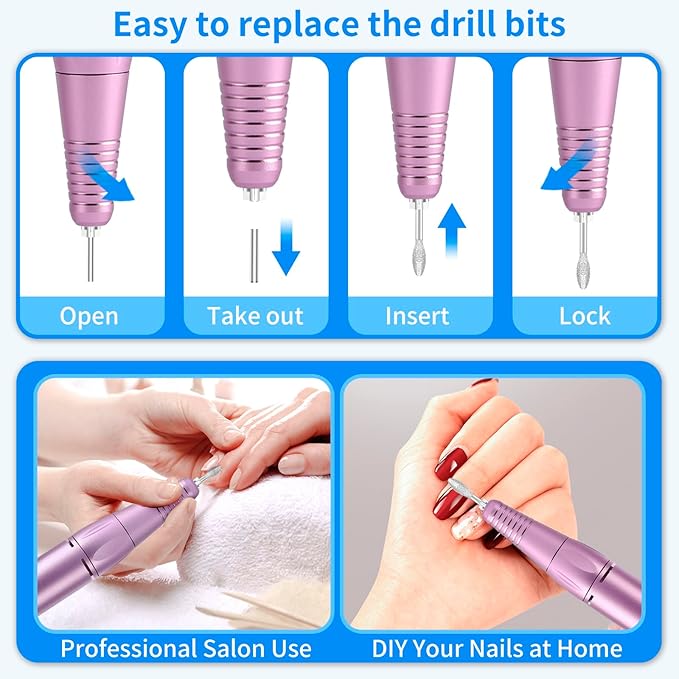 Portable Nail Drill Professional 35000 RPM, MOCOWIND Rechargeable Electric Nail File Machine for Acrylic Nails Gel Polishing Removing, Cordless E-File with Bits for Manicure Salon Home, Blue & Purple-VivaGrace Women