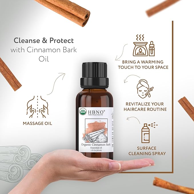 HBNO Organic Cinnamon Bark Essential Oil - 1 oz (30ml) Size - Ideal for Diffusers, Cleaning Agents, Skincare, and Haircare.-VivaGrace Women