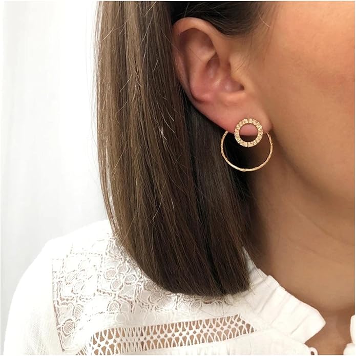 Vintage Crystal Circle Ear Jacket Earrings CZ Hollow Circle Hoop Earrings Gold Circle Earrings Minimalist Geometric Circle Stud Earrings Jewelry for Women-VivaGrace Women