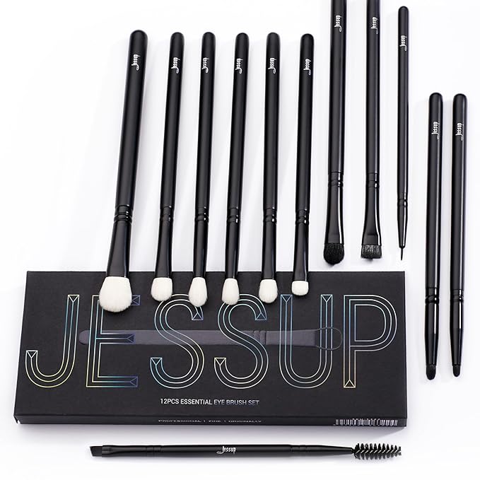 Jessup Eyeshadow Brush Set 12pcs Black Eye Makeup Brushes Set Professional with Natural Synthetic Hair for Eyebrow Eyelash Eyeliner Spoolie Blending, T322-VivaGrace Women