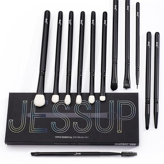 Jessup Eyeshadow Brush Set 12pcs Black Eye Makeup Brushes Set Professional with Natural Synthetic Hair for Eyebrow Eyelash Eyeliner Spoolie Blending, T322-VivaGrace Women