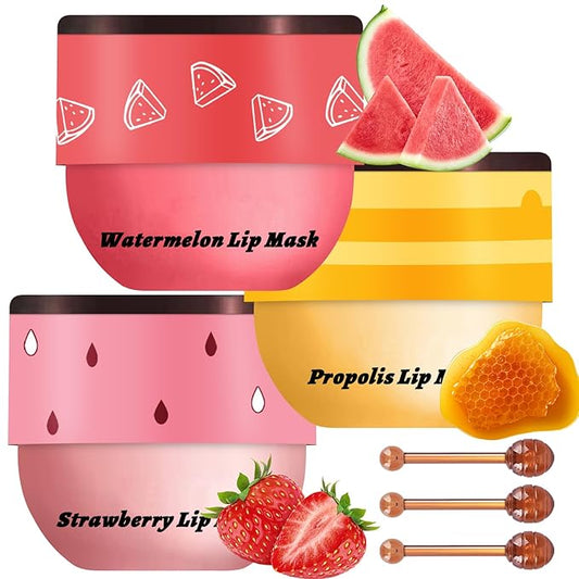3 PCS Bee Lip Balm Honey Pot, Honey & Strawberry & Watermelon Lip Mask Overnight Propolis Moisturizing Lip Balm Hydrating Prevention Dry and Crack Lip Scrubs Exfoliator Lip Wrinkle Care (Set B)-VivaGrace Women