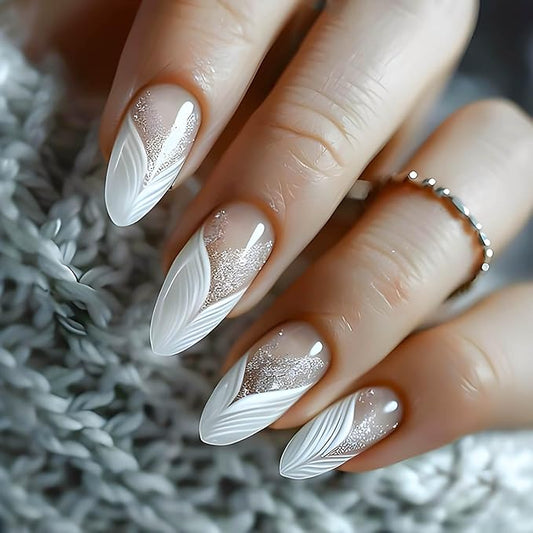 Almond Press on Nails White French Tip Fake Nails Medium False Nails with Silver Glitter Designs Almond Nail Press ons Nude Full Cover Glue on Nails Cute Stick on Nails for Women 24Pcs