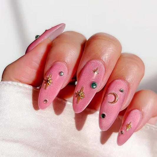 Pink Press on Nails Medium Almond Fake Nails Rhinestone False Nails with Design Star Moon Glue on Nails Glossy Acrylic Full Cover Reusable Shiny Glitter Stick on Nails for Women Girls Manicure 24pcs