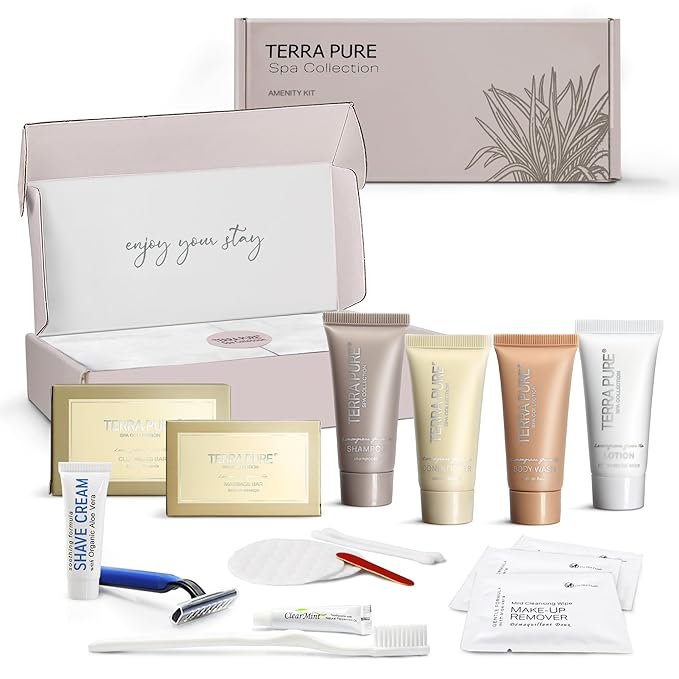 Terra Pure Spa Collection Amenity & Accessory Kit |1 oz Travel Size Shampoo, Conditioner, Lotion, Body Wash, 2 Soap Bars, Shave & Dental Sets, Make-Up Remover Wipes, & Vanity Kit | 1 set per case-VivaGrace Women