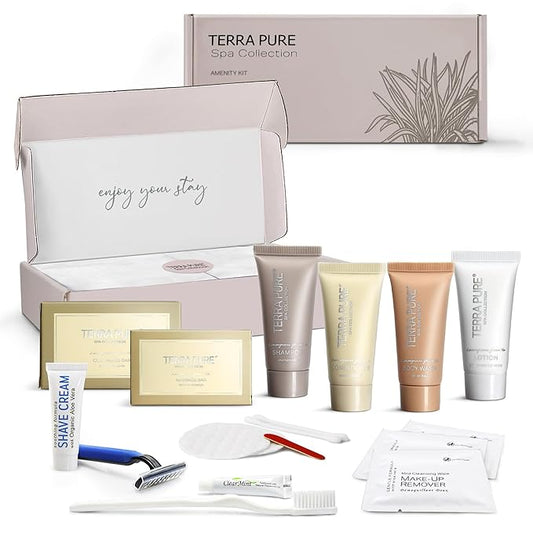 Terra Pure Spa Collection Amenity & Accessory Kit |1 oz Travel Size Shampoo, Conditioner, Lotion, Body Wash, 2 Soap Bars, Shave & Dental Sets, Make-Up Remover Wipes, & Vanity Kit | 1 set per case-VivaGrace Women