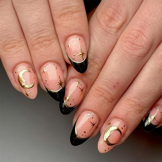 Gold Moon Star Press on Nails Medium Almond Fake Nails with Design Black French tips Glue on Nails Glossy Spring Nails Reusable Summer Fall False Nails for Women Girls Manicure 24pcs