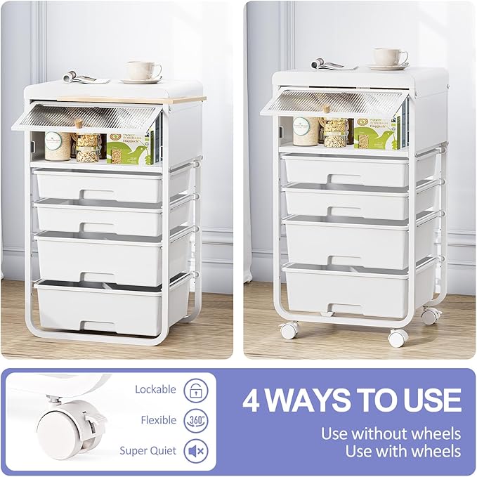 Utility-Rolling-Storage-Drawer-Craft-Cart-Organizers with 4 Drawers & Dust-proof Door for Kid Craft Art Room,Bedroom,Home Office, Craft Drawer cart, Classic White-VivaGrace Women