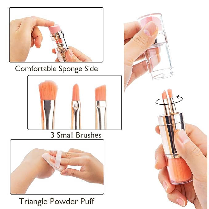kullder Travel Makeup Brush 5 in 1 Makeup Brush set Blend Sponge Eyebrow Eyeshadow & Blush Brushes for Foundation Concealer Double Ended Makeup Brush with Powder Puff Ideal Womens Gifts-VivaGrace Women