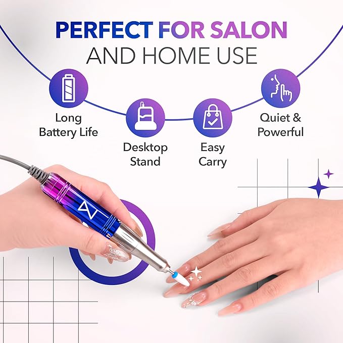 M Mase- Professional Nail Drill Machine - Coreless 2-in-1 Nail File - Electric, Cordless, 35000 RPM, HD Display - Electric Nail Drill for Professional & Home Use (Unicorn Pink Blue)-VivaGrace Women