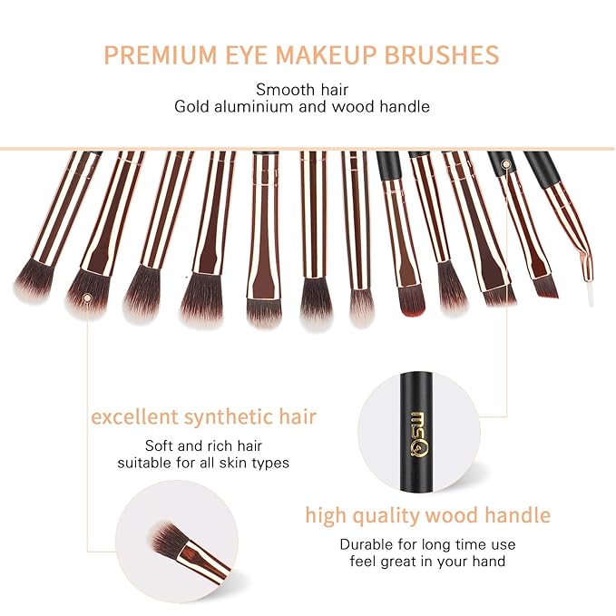 MSQ Eye Makeup Brushes 12pcs Rose Gold Eyeshadow Makeup Brushes Set with Soft Synthetic Hairs & Real Wood Handle for Eyeshadow, Eyebrow, Eyeliner, Blending(without bag)-VivaGrace Women