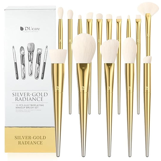 DUcare Makeup Brushes 15Pcs Makeup Brush Set with Holder Premium Synthetic Powder Foundation Contour Blush Concealer Eye Shadow Blending Liner Make Up Brush Kit gold-silver-VivaGrace Women
