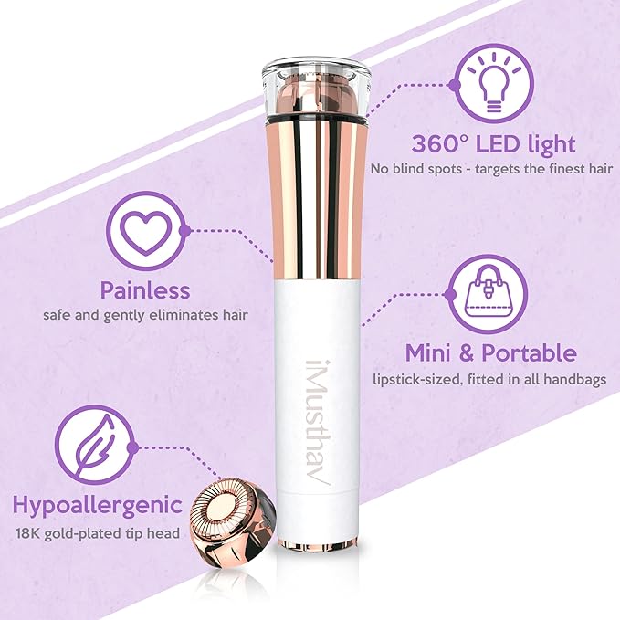 Portable Facial Hair Remover for Women – Painless, Fast & Precise Flawless Electric Razor & Epilator for Face, Lips, Chin Hair Removal – 18K Gold-Plated, 360° LED Light-VivaGrace Women