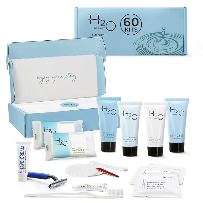 H2O Therapy Amenity & Accessory Kit | 0.85 oz Travel Size Shampoo, Conditioner, Lotion, Body Wash, Massage Bar, Cleansing Bar, Shave & Dental Sets, Make-Up Remover Wipes, & Vanity Kit | 60 sets/case-VivaGrace Women