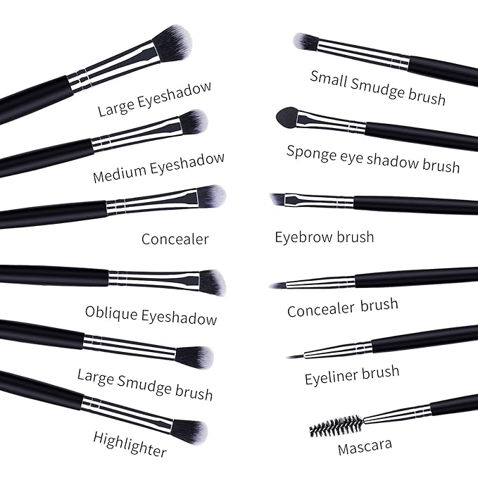 MSQ Eye Makeup Brushes 12pcs Eyeshadow Makeup Brushes Set with Soft Synthetic Hairs & Real Longer Wood Handle for Eyeshadow, Eyelash,Eyebrow, Eyeliner, Blending, Conclear(Black)-VivaGrace Women