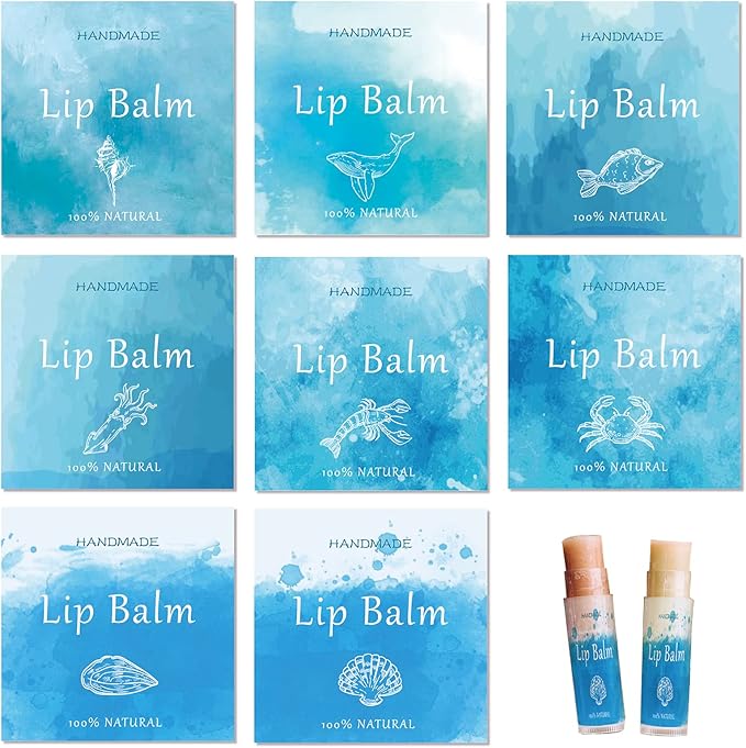 CRASPIRE Lip Balm Labels 80pcs Homemade Lip Balm Labels 2” Clear Lip Balm Labels for Tubes Printable Waterproof Lip Balm Stickers Labels for Lip Balm Handcream Candle Container（Marine Life-Blue）-VivaGrace Women