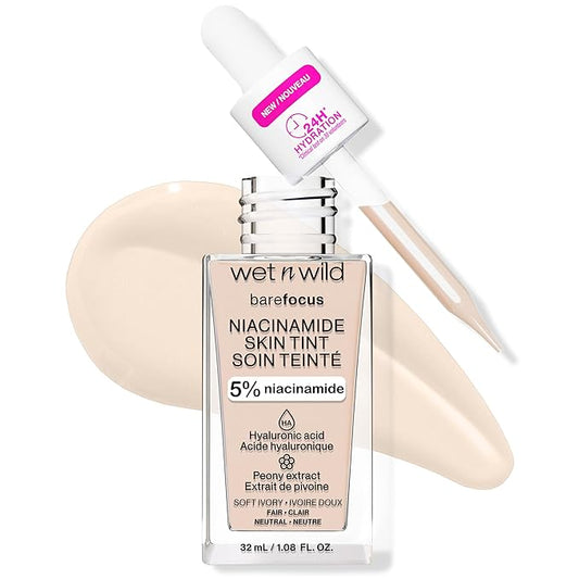 wet n wild Bare Focus Skin Tint, 5% Niacinamide Enriched, Buildable Sheer Lightweight Coverage, Natural Radiant Finish, Hyaluronic & Vitamin Hydration Boost, Cruelty-Free & Vegan - Soft Ivory-VivaGrace Women