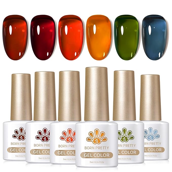 Born Pretty Jelly Gel Nail Polish, Sheer Transparent Crystal Gel Nail Polish, Christmas Brown Red Orange Green Blue Fall Winter Soak off Nail Polish Manicure DIY Home Salon Christmas Gift 7ml 6colors-VivaGrace Women