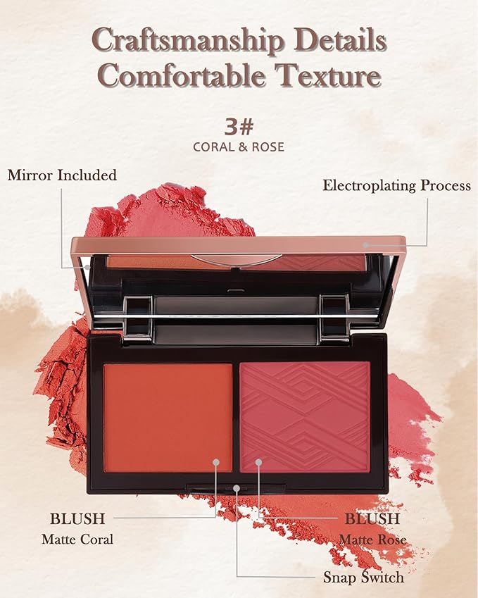 Face Matte Blush Powder Palette-2Colors Buildable Facial Cheek Blusher Pressed Powder Light Luxury Blush Contour Palette for Face,Longlasting Makeup Palette,Valentine's Day Gift Set for Women Girl-03-VivaGrace Women