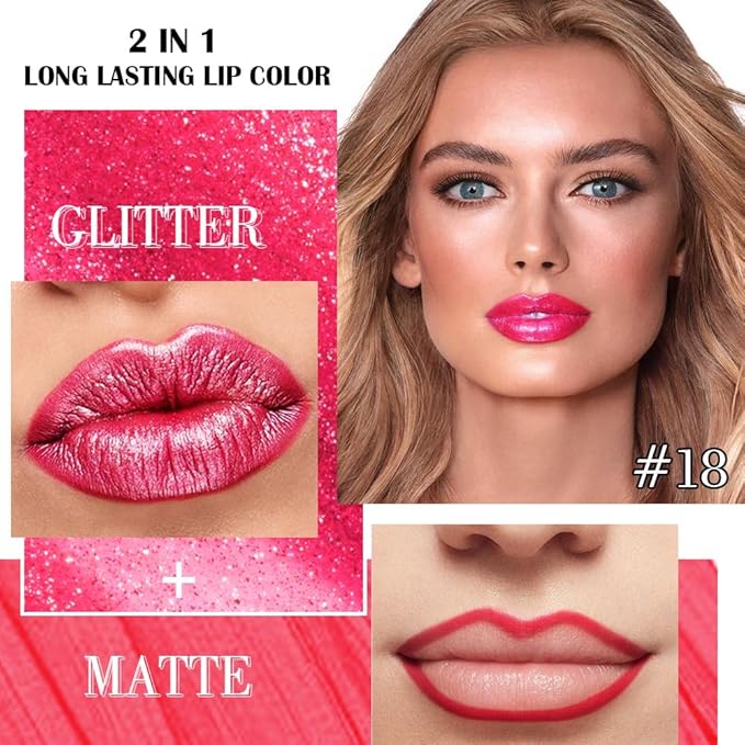 evpct Crushed Ruby Red Metallic Glitter Lip Liner and Lipstick Combo Lip Gloss Stain Set Makeup for Women Long Lasting Waterproof 24, Red Frosted Metallic Shimmer Glossy iridescent Liquid Lipstick 18-VivaGrace Women