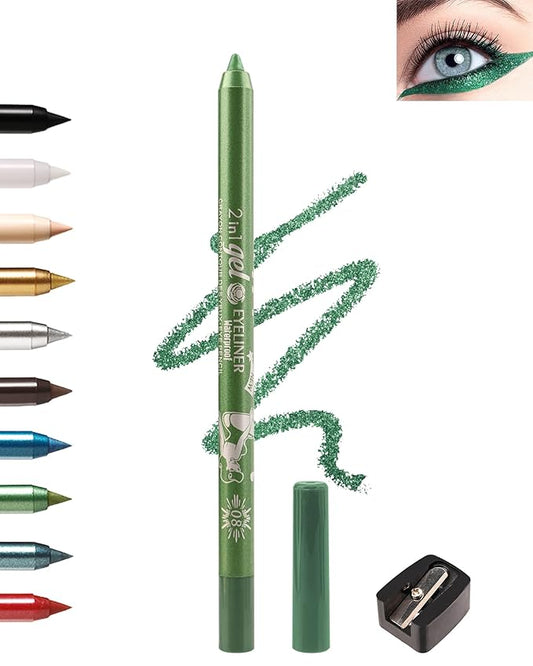 Green Eyeliner Pencil Gel, Sharpenable Multi-Use Colorful Eyeliner Waterline Waterproof Smudge-Proof Long Stay, High Pigmented Shimmer Cream Eye Liner Pen with Sharpener, Safe for Sensitive Eyes-08