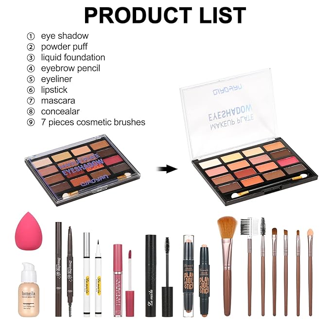 All in One Makeup Kit For Women Girls Teens Makeup set 16 Colors Eyeshadow Palette Foundation Eyeliner Contouring Stick Lip Gloss Eyebrow Mascara Makeup Brushes Makeup Gift Sets-VivaGrace Women