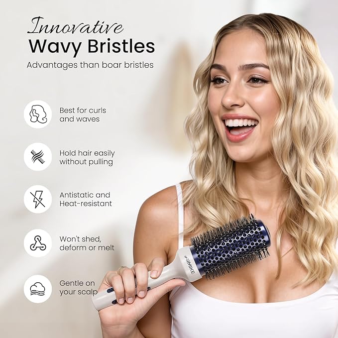 AIMIKE Nano Ionic Tech Ceramic Brush for Blow Drying, Styling and Volume Boost - Natural Wood One-Piece Design, 1.7 Inch/43mm-VivaGrace Women