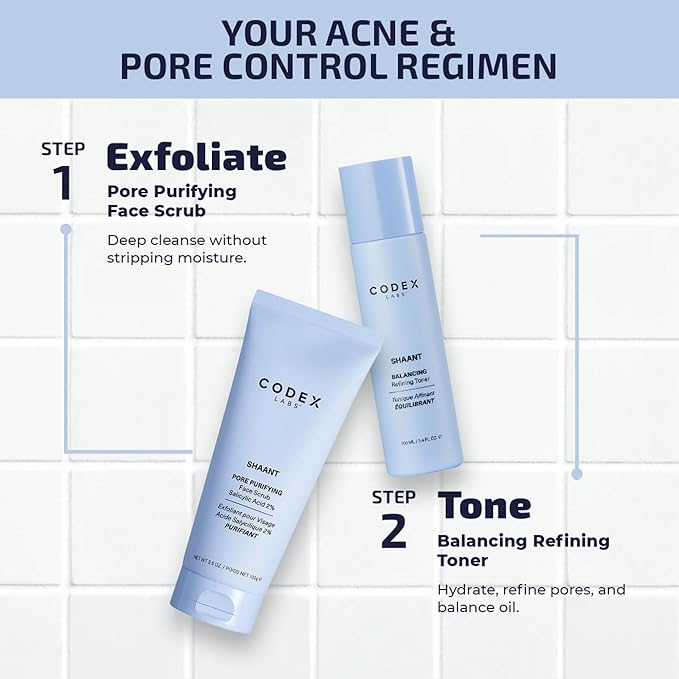 Codex Labs Shaant Deep Cleanse & Tone Kit, Pore Purifying Scrub (100g) & Refining Toner (100ml) - Oil Control & Pore Minimizer - for Acne Prone Skin - with 2% Salicylic Acid, 2% Gluconolactone (PHA)-VivaGrace Women