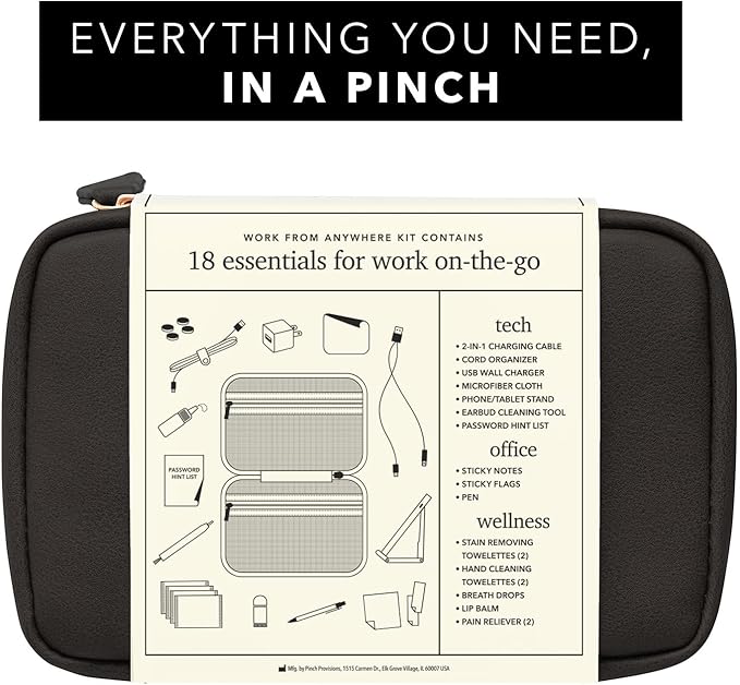 Pinch Provisions Work from Anywhere Kit, Includes 18 Essentials to Help You Stay on Task, Must-Have Essentials, Compact Multi-Functional Vegan Leather Pouch, Black-VivaGrace Women