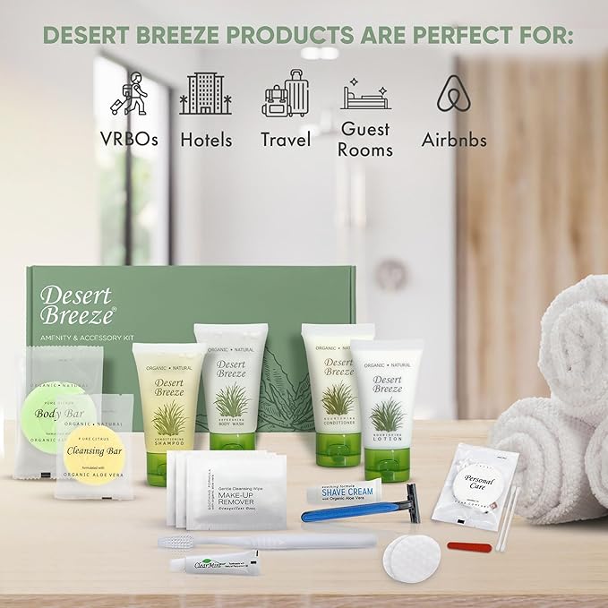 Desert Breeze Amenity & Accessory Kit | 1 oz Travel Size Shampoo, Conditioner, Lotion, Body Wash, Body Bar, Cleansing Bar, Shave & Dental Sets, Make-Up Remover Wipes, & Vanity Kit | 15 sets per case-VivaGrace Women