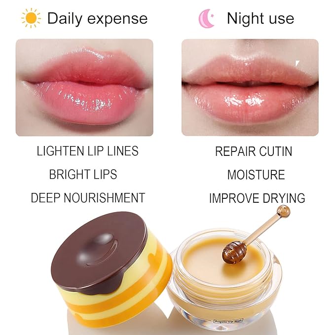 Bee Lip Balm Honey Pot, Strawberry & Honey Moisturizing Propolis Lip Mask, Hydrating & Prevention Dry and Cracked Lip Scrubs Exfoliator, Reduces Lip Lines (2Pcs Yellow)-VivaGrace Women