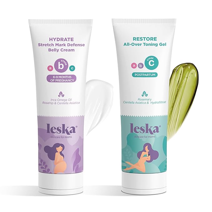 Leska Maternity Stages B & C Set | HYDRATE Belly Cream & RESTORE All-Over Toning Gel | Pregnant Moms Months 6-9 and Postpartum | Part of Complete 3-Part Maternity Skin Care System (Set of 2, 4oz each)-VivaGrace Women