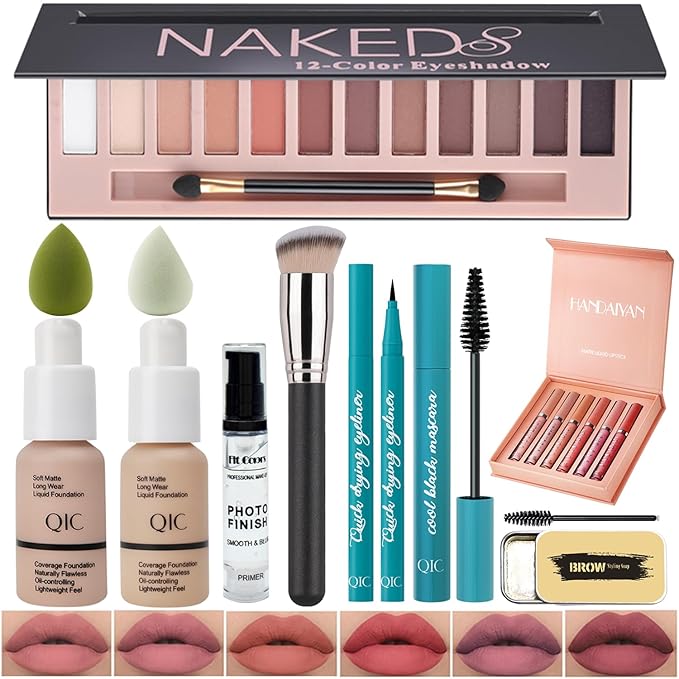 All In One Makeup Kit Full Kit,12 Colors Eyeshadow Palette,6Colors Lipstick Set,2 Full Coverage Foundation, Primer, Eyebrow Soap,Waterproof Eyeliner and Mascara (102 Nude+104 Buff Beige+Matte Shadow)-VivaGrace Women