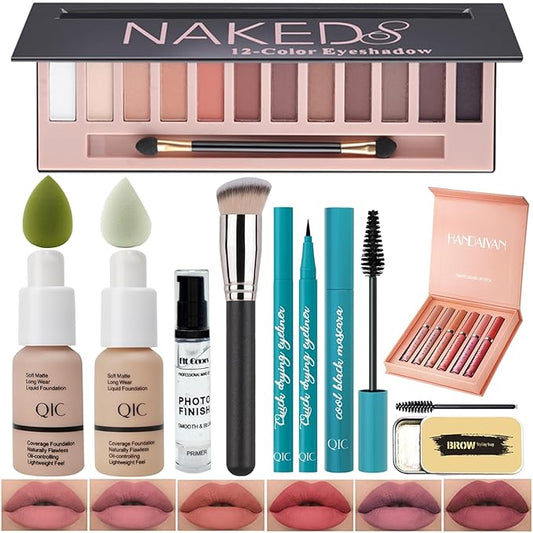All In One Makeup Kit Full Kit,12 Colors Eyeshadow Palette,6Colors Lipstick Set,2 Full Coverage Foundation, Primer, Eyebrow Soap,Waterproof Eyeliner and Mascara (102 Nude+104 Buff Beige+Matte Shadow)-VivaGrace Women