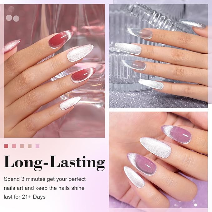 RARJSM Cat Eye Gel Nail Polish Set 6 Pcs Magnetic Sparkle Diamond Glitter Nude Pink Light Purple Red Silver Sheer Pink Velvet Ice Jelly Gel Polish with Magnet Stick UV LED Curing Requires Soak Off-VivaGrace Women