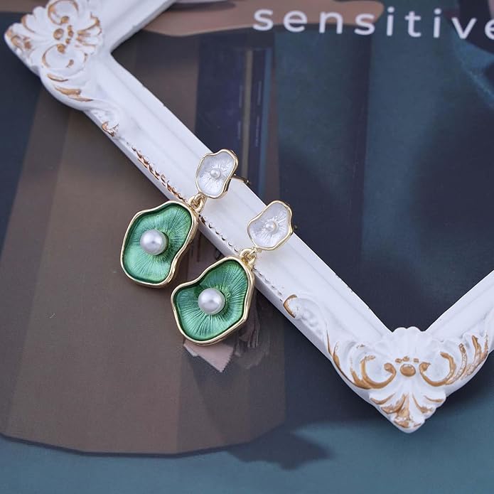 Vintage Lotus leaf Pearl Drop Earrings Green Lotus Leaf Earrings Green Enamel Flower Earrings Gold Irregular Pearl Earrings Jewelry for Women-VivaGrace Women