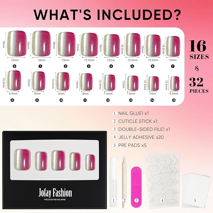 Press on Nails Short, Jofay Fashion Fake Nails, Two-color Ombre Cat Eye Press on Nails, Summer Acrylic False Nails, Reusable Stick on Nails for Women Girls, Glue on Nails Kit 32 Pcs, Cherry Sparkle