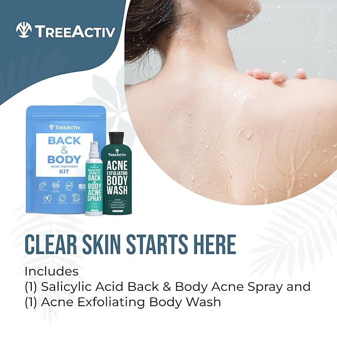TreeActiv 90-Day Body Acne Treatment Kit, Salicylic Acid Acne Body Spray, Exfoliating Body Acne Wash, Body Acne Treatment for Back, Chest and Butt Acne Removal, Back Acne Treatment For Women and Men-VivaGrace Women