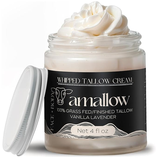 Amallow 100% Grass Fed Beef Tallow for Skin Care - Face + Body - Whipped Moisturizer - Natural Lotion, 4 FL. oz. (Vanilla Lavender)-VivaGrace Women