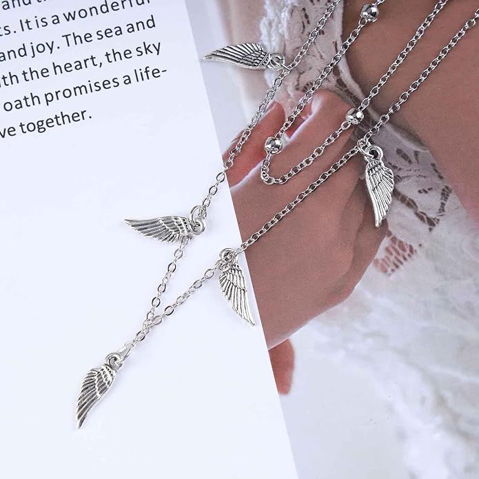 Vintage Layered Wing Dangle Necklace Angel Wing Pendant Necklace Tiny Wing Choker Necklace Silver Angel Wing Necklace Jewelry for Women-VivaGrace Women