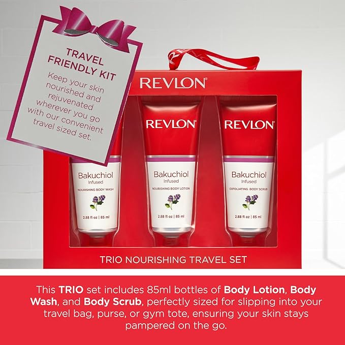 REVLON Get Carried Away Trio Nourishing Travel Set, Bakuchiol Infused, Nourishing Body Wash, Body Lotion, Exfoliating Body Scrub, 3 Count (2.88 fl oz)-VivaGrace Women