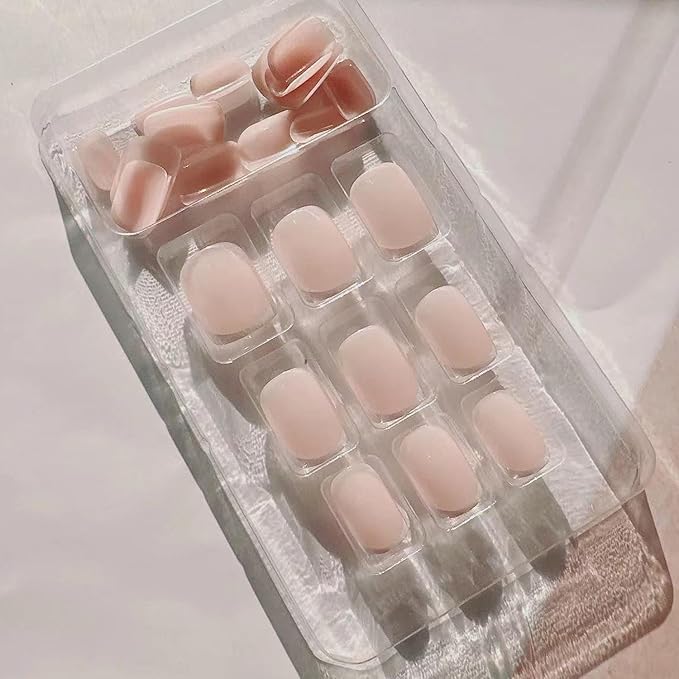 24Pcs Short Square Press on Nails Nude Pink Fake Nails with Jelly Glue White French Tip False Nail Glossy Artificial Finger Manicure Reusable Natural Fashion Nail Tips for Women