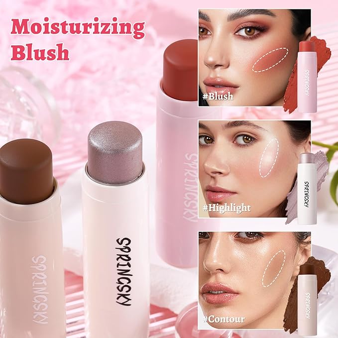 3Pcs Multi-Use Face Makeup Sticks Sets, Blendable Cream Blush Stick For Cheeks Lips, Highlighter Contour Shading Sticks Moisturizer Make Up Sets For Women (02)-VivaGrace Women
