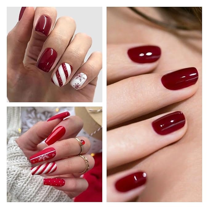 AILLSA Red Polish Set White Glitter Burgundy Red Nail Polish with Base and Top Coat, Christmas Red Sliver Sparkle Polish Soak Off U V Starter Kit for Art Salon DIY