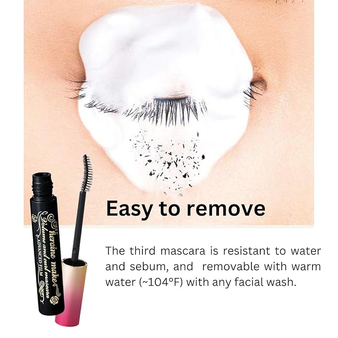 HEROINE MAKE by KISSME Mascara Duo Set | 2 Full-Size -Volumizing & Curl, Long-lasting False Eyelash Effect w/Curvy Brush Advanced Film 01 Jet Black + Gentle Eye Makeup Remover for Waterproof Mascara