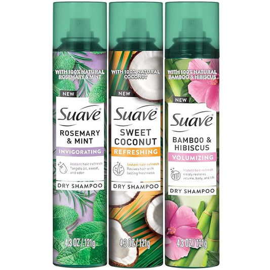 Suave+ Dry Shampoo Spray Variety 3-Pack – Invigorating Rosemary & Mint, Volumizing Bamboo & Hibiscus + Refreshing Sweet Coconut, 4.3 Oz Ea-VivaGrace Women